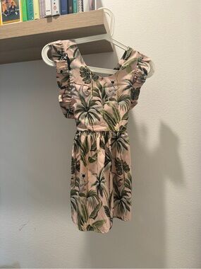 Girls Pink Tropical Palm Print Ruffle Dress